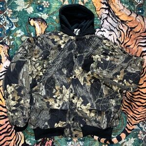 Vintage Muleskins Lined Camo Hooded Jacket Mens XL Mossy Oak Full Zip Union Made